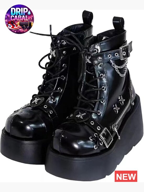 Shoes - Goth Platform Ankle Boots with Bat Wing Buckles Chunky Heels Round Toe Zipper